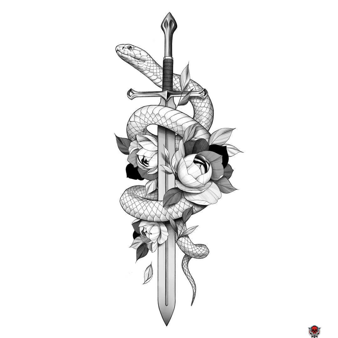 黑灰小图纹身手稿剑与蛇