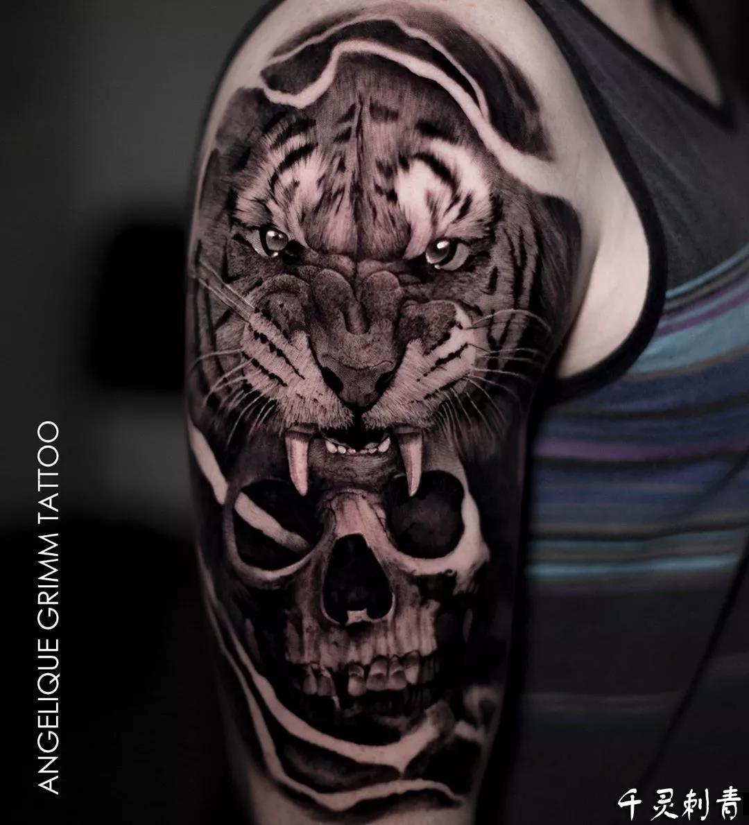 动物写实老虎 骷髅纹身