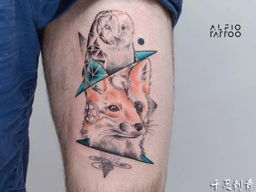水彩狐狸 猫头鹰纹身手稿图案