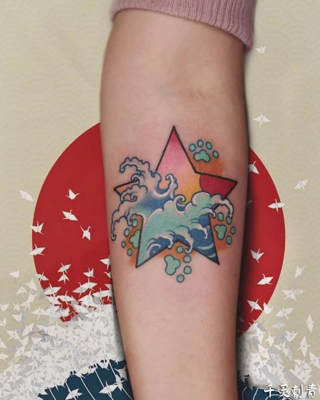 小臂五角星海浪纹身,小臂五角星海浪纹身手稿,小臂五角星海浪纹身手稿图案