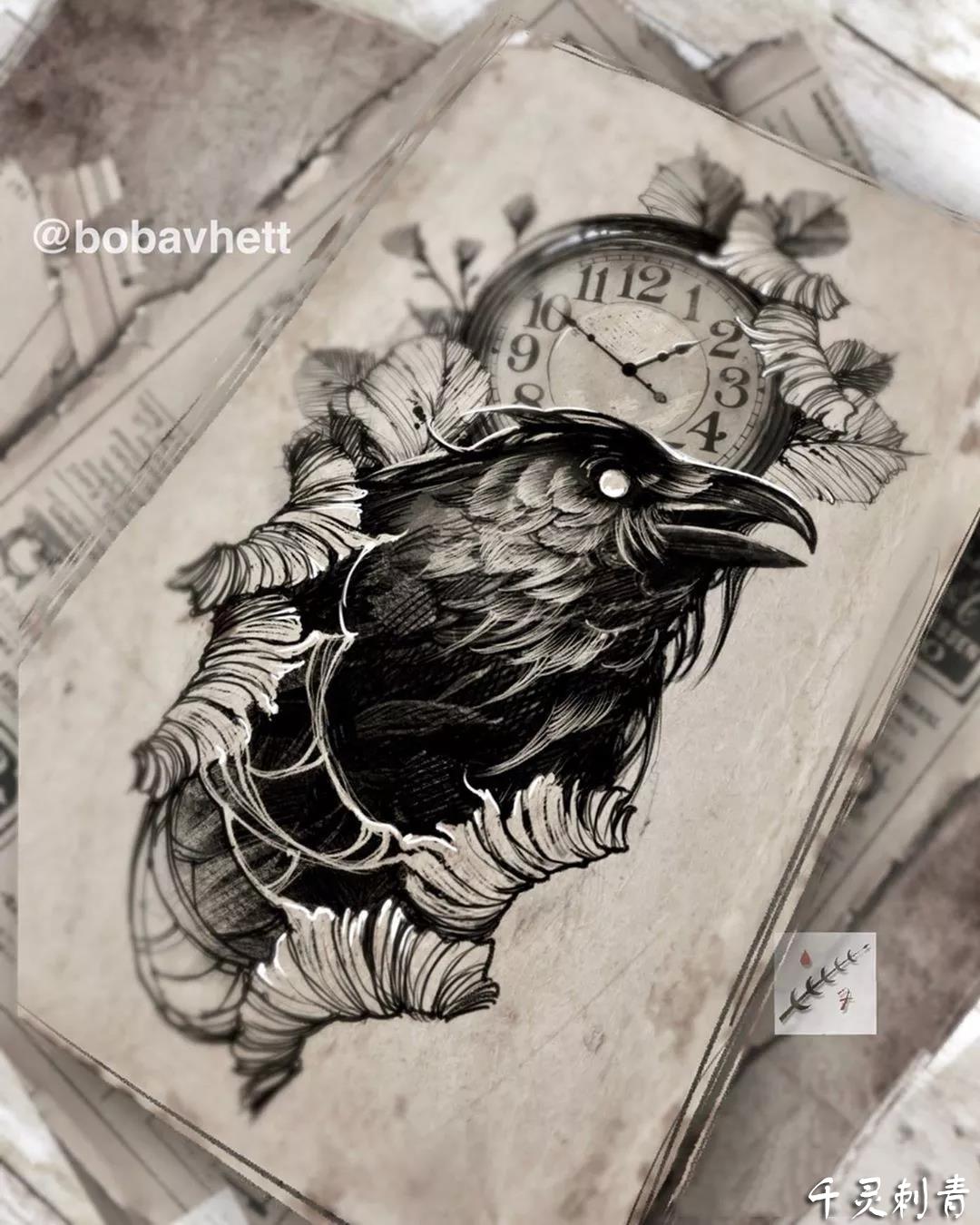 暗黑乌鸦时钟纹身,暗黑乌鸦时钟纹身手稿,暗黑乌鸦时钟纹身手稿图案