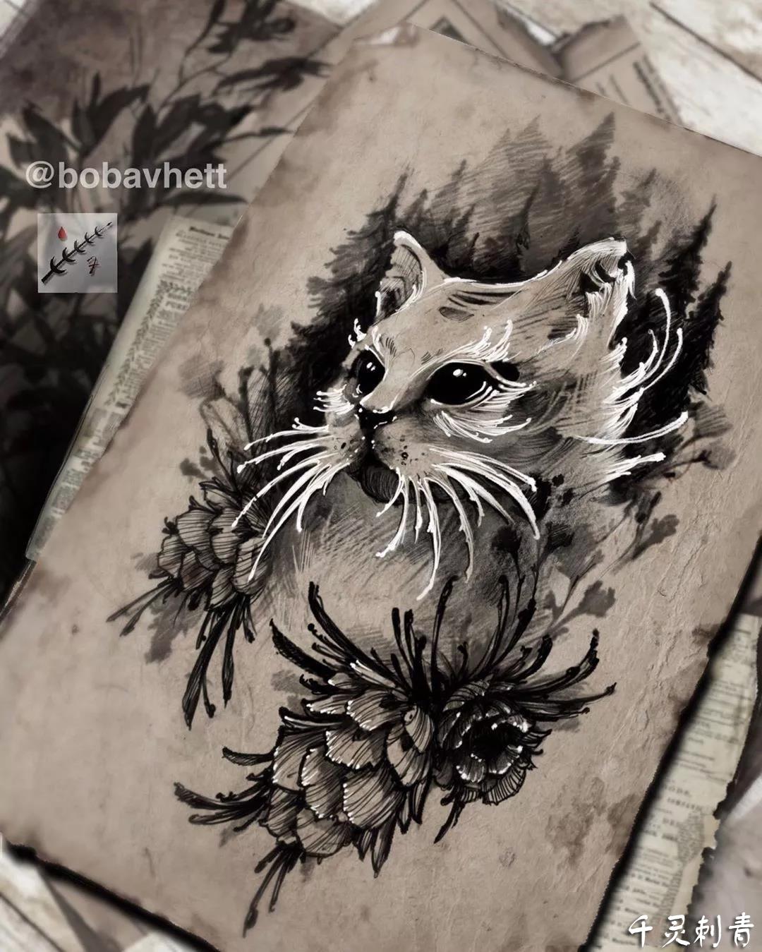 暗黑猫咪纹身,暗黑猫咪纹身手稿,暗黑猫咪纹身手稿图案