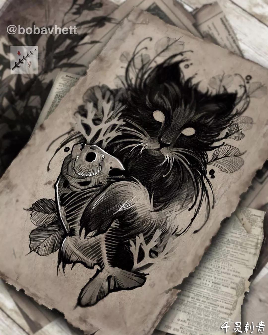 暗黑猫咪鱼纹身,暗黑猫咪鱼纹身手稿,暗黑猫咪鱼纹身手稿图案