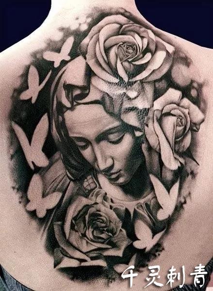 背部圣母玛利亚纹身手稿图案