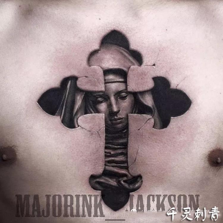 写实胸部圣母玛利亚纹身手稿图案
