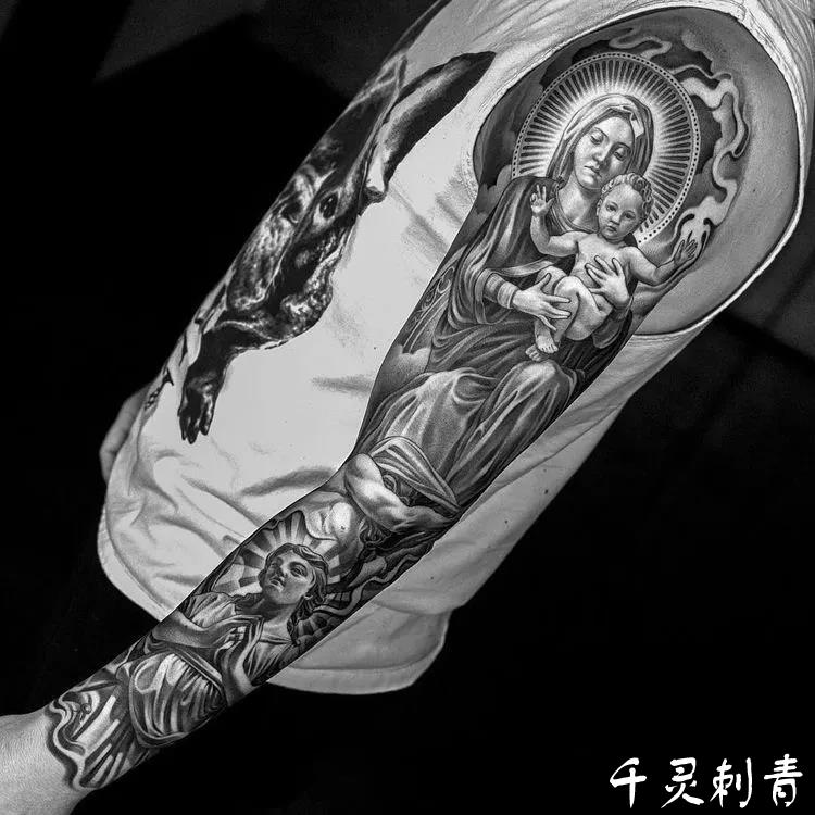 写实花臂圣母玛利亚纹身手稿图案