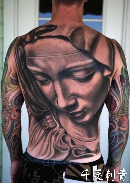 写实满背圣母玛利亚纹身手稿图案