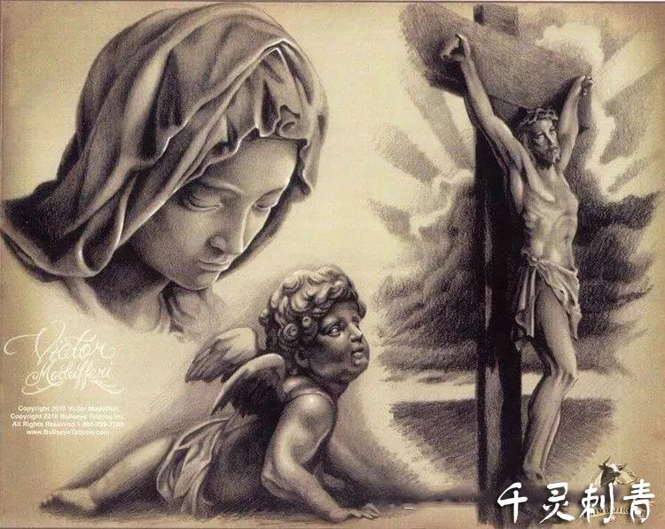 写实圣母玛利亚纹身手稿图案