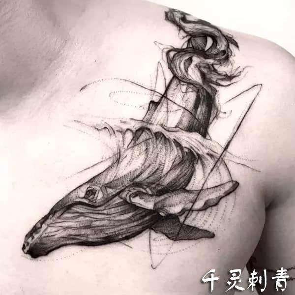 胸部鲸鱼纹身手稿图案
