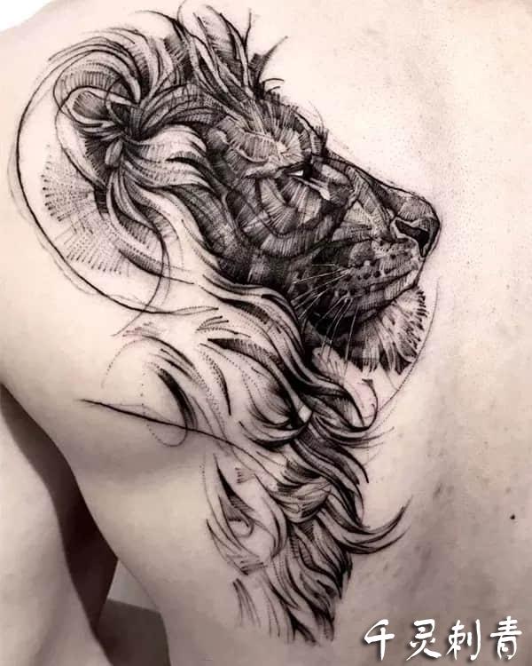 背部扫针狮子头纹身手稿图案