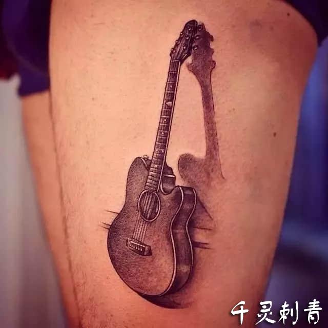 腿部吉他纹身手稿图案