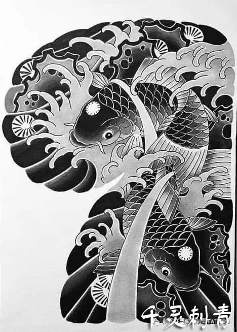 日式半甲鱼纹身手稿图案