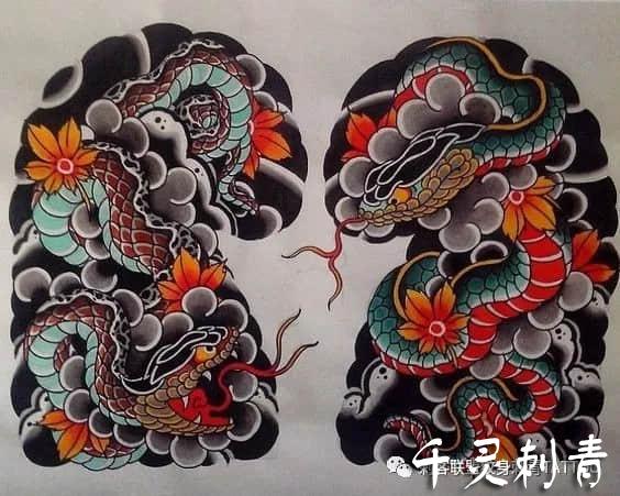 日式半甲蛇纹身手稿图案