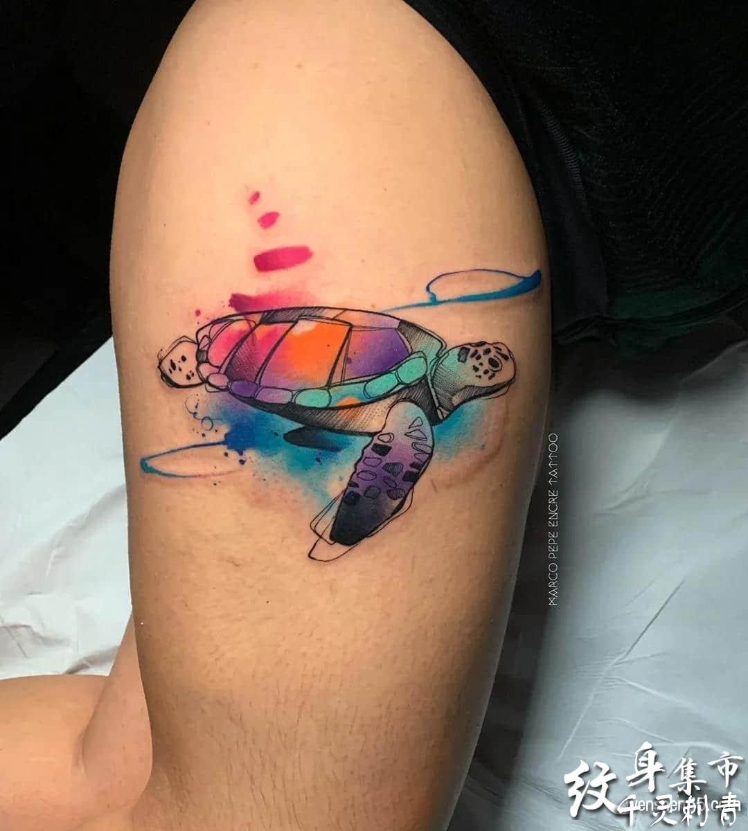 腿部水彩乌龟纹身手稿图案