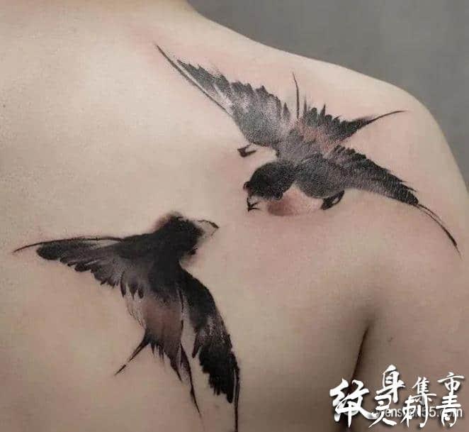 肩部水墨燕子纹身手稿图案