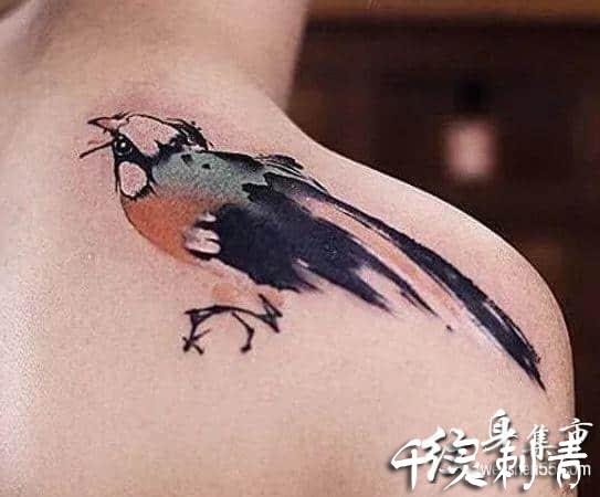 肩部水墨喜鹊纹身手稿图案